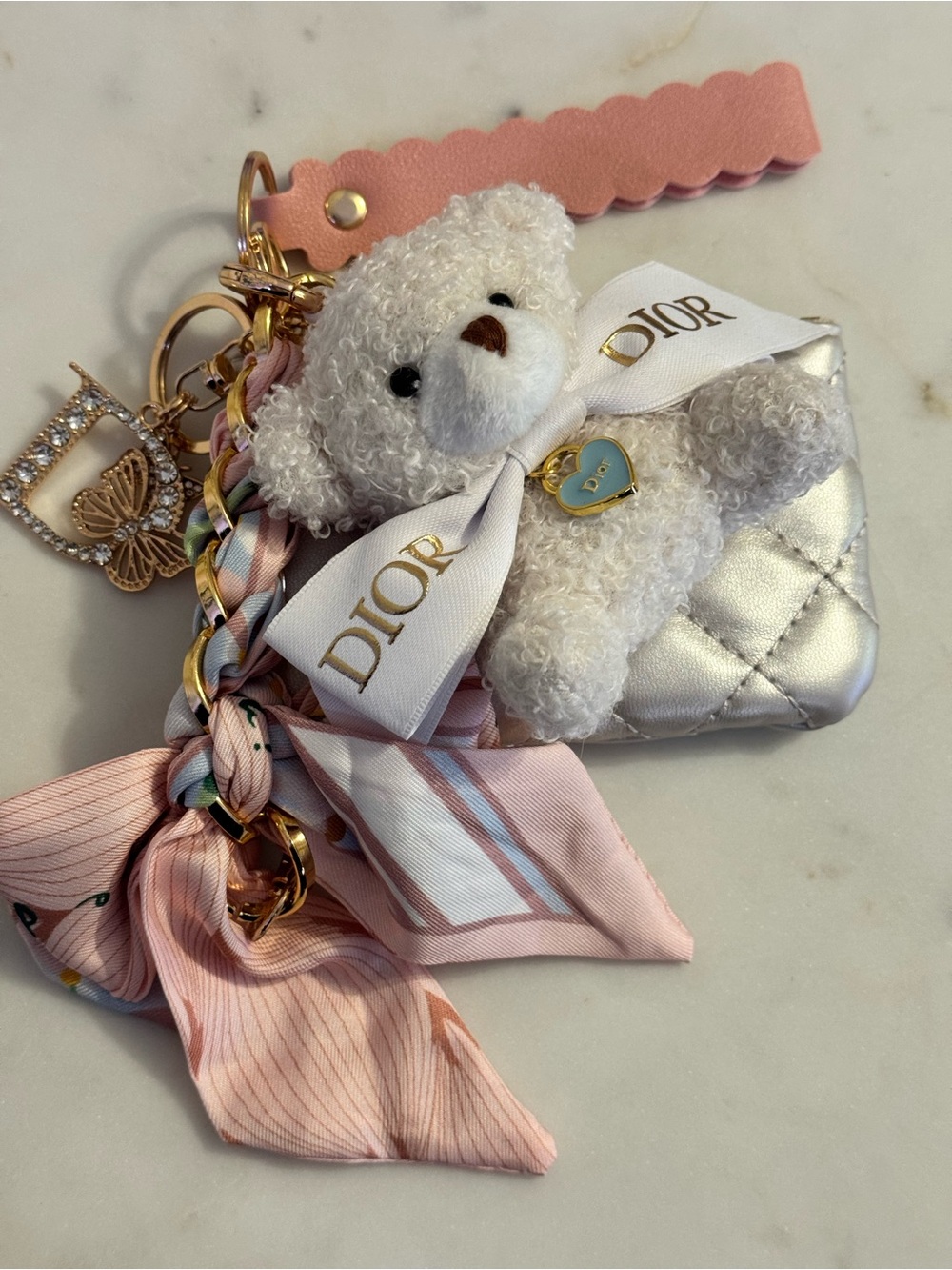 Fashion Bear Keychain Wristlet w/AUTHENTIC  DIOR Zip Pull, Ribbon, Dusty
